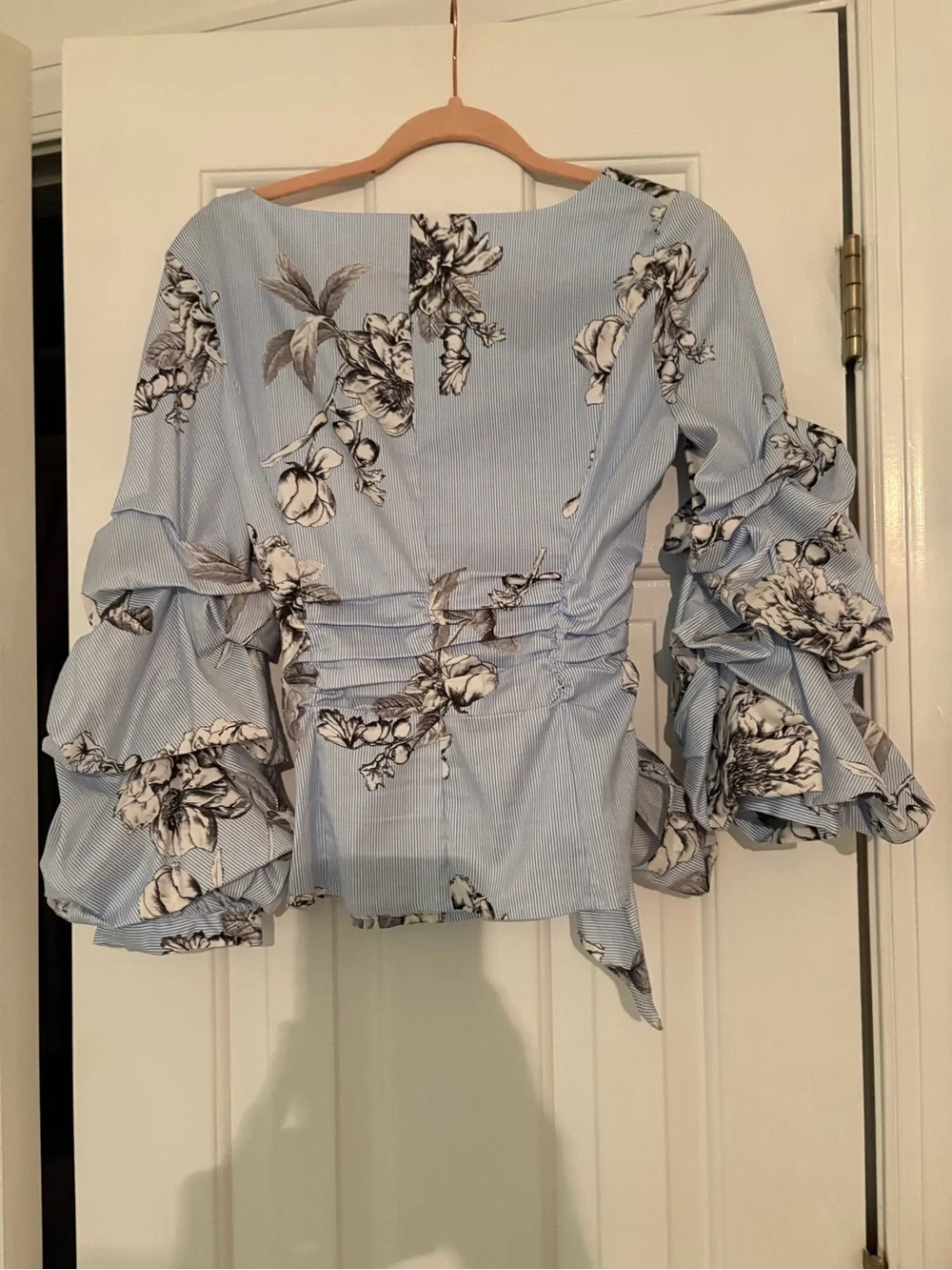 White House Black Market Floral Ruffle Wrap Top - Light Blue